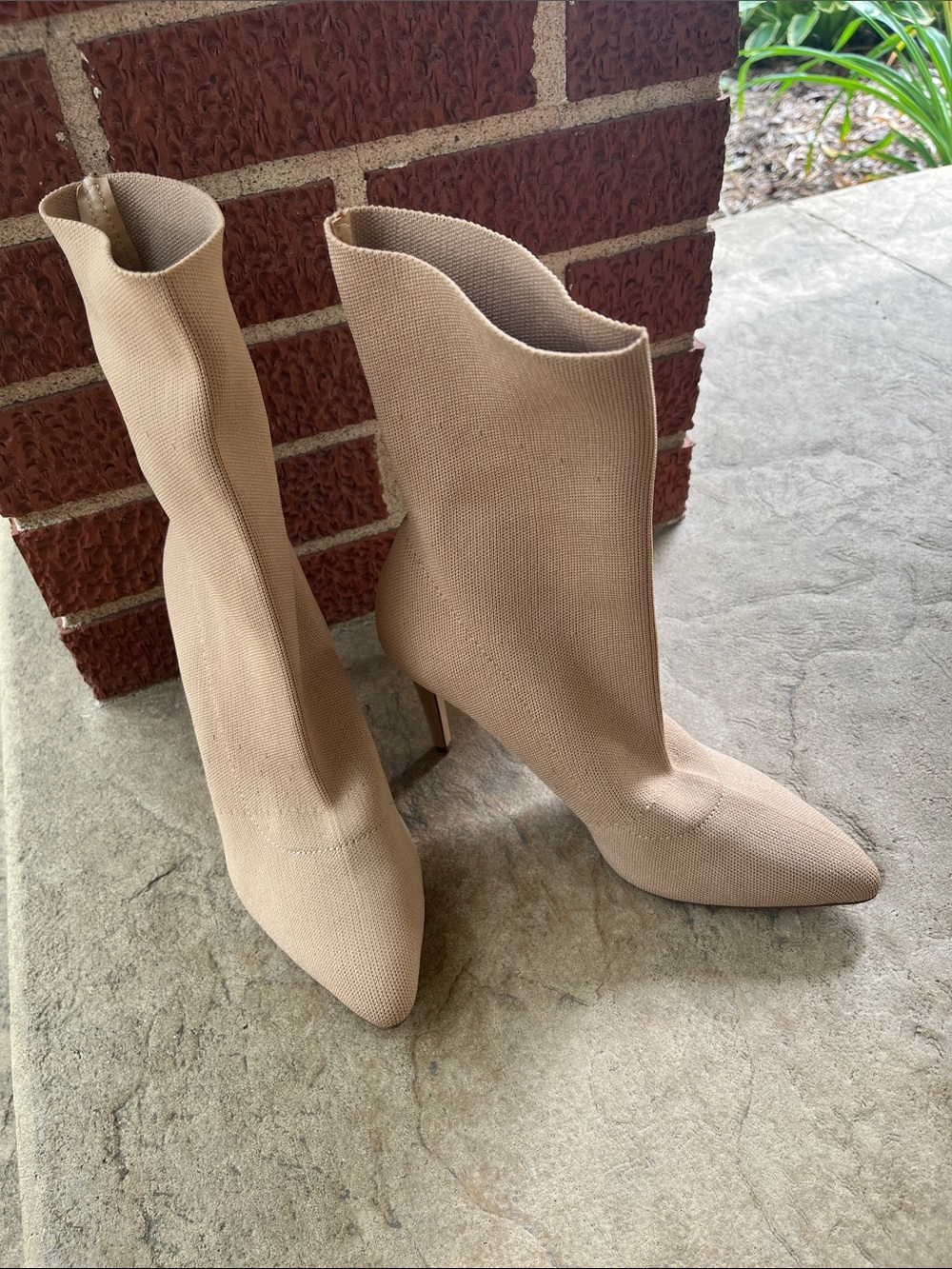 Express Beige Knit Pointed-Toe Sock Heeled Boots